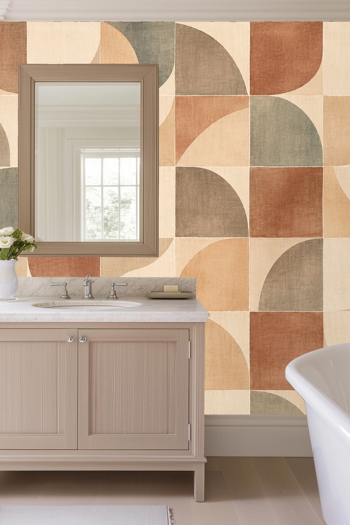 Terracotta Arc Mosaic wallpaper shown in an interior setting