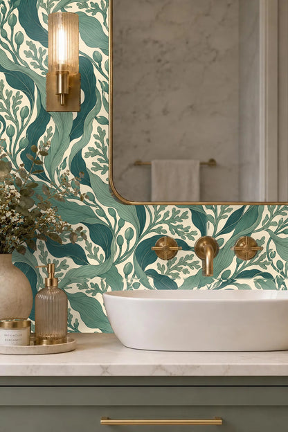 Natural light illuminating textured wallpaper with botanical seaweed motif.