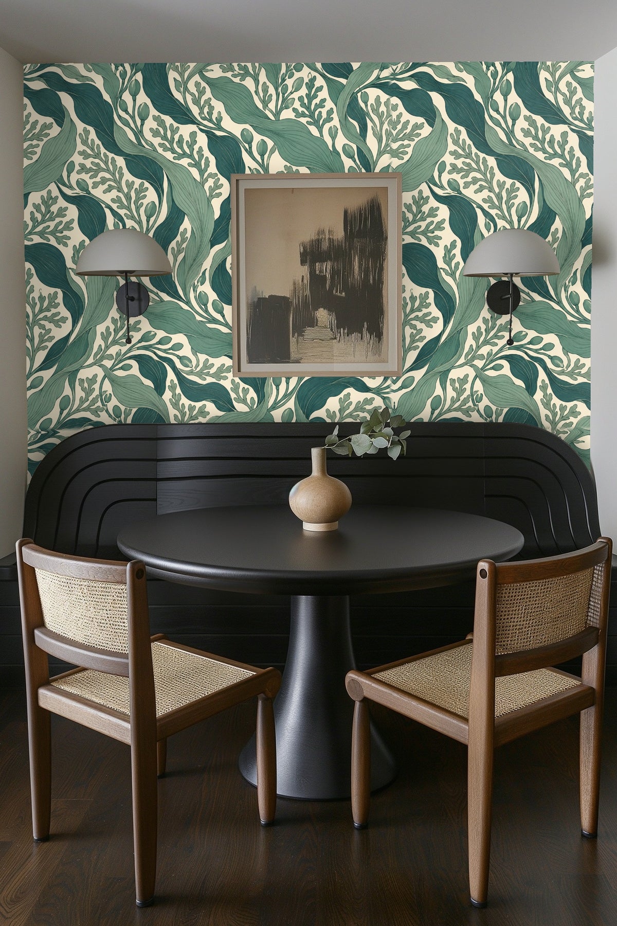 Composition of teal and jade leaves artistically flowing over soft cream background.