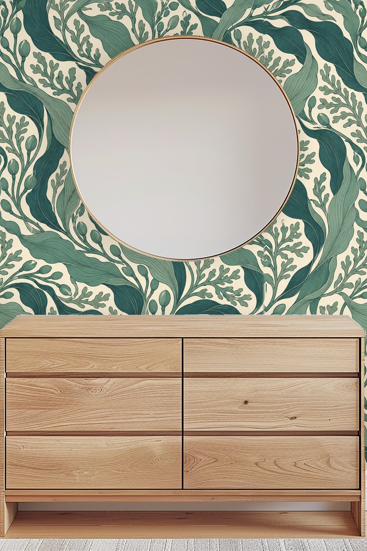 Pattern repetition emphasizing rich green tones and line details on light cream base.
