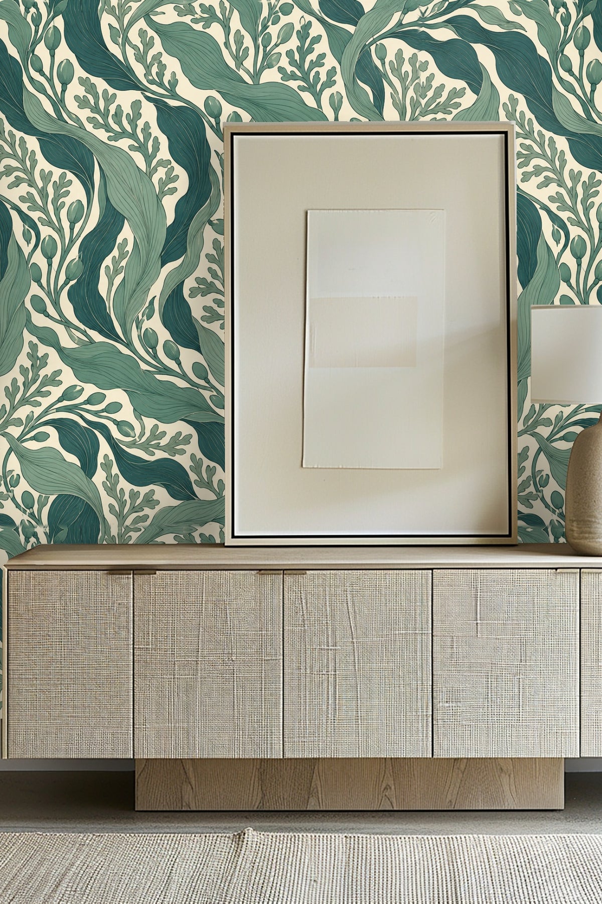Golden retriever lying in bed in front of the green leaf patterned wallpaper wall.