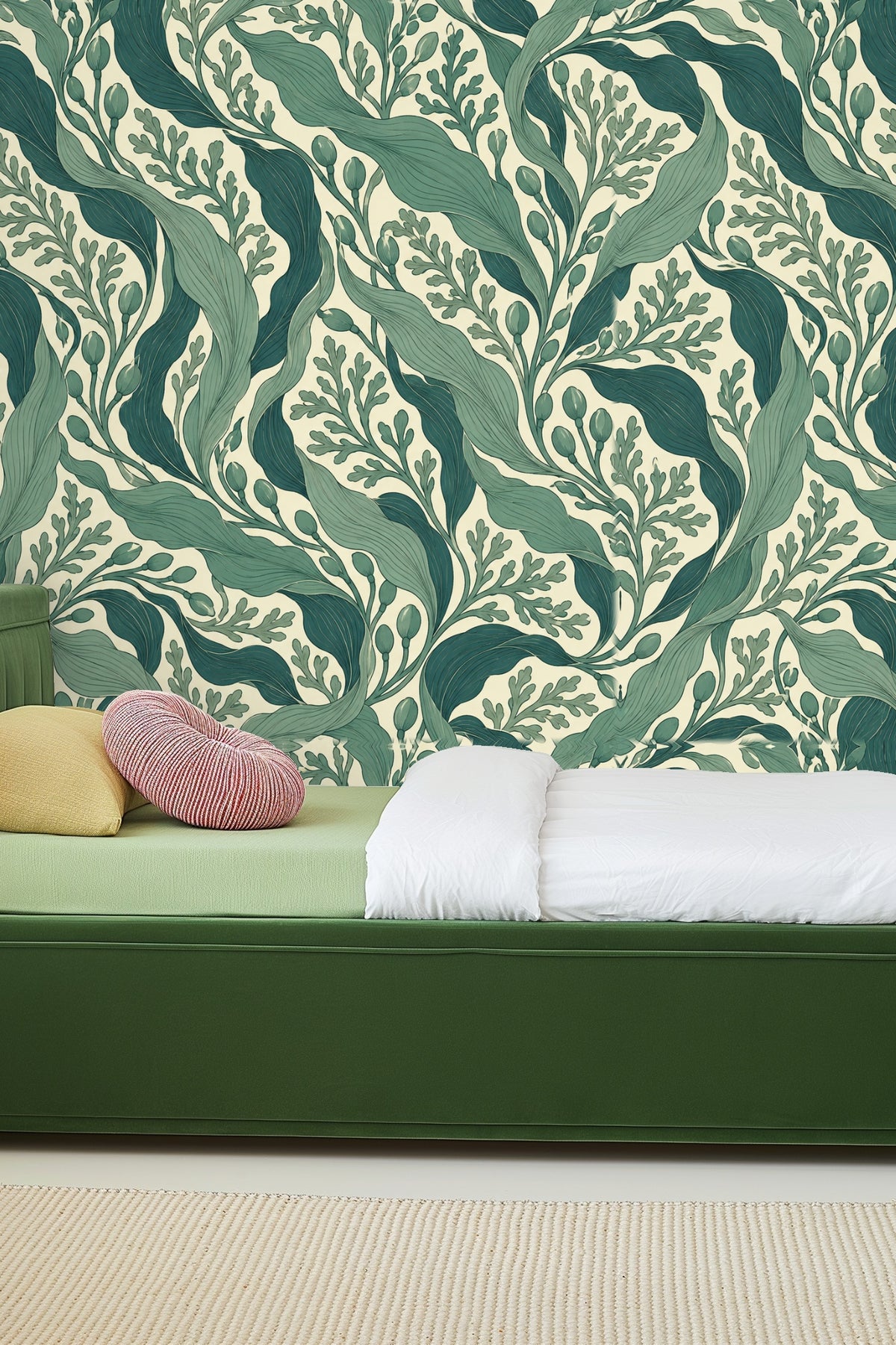 Interior vignette with modern furniture against dramatic leafy wallpaper.