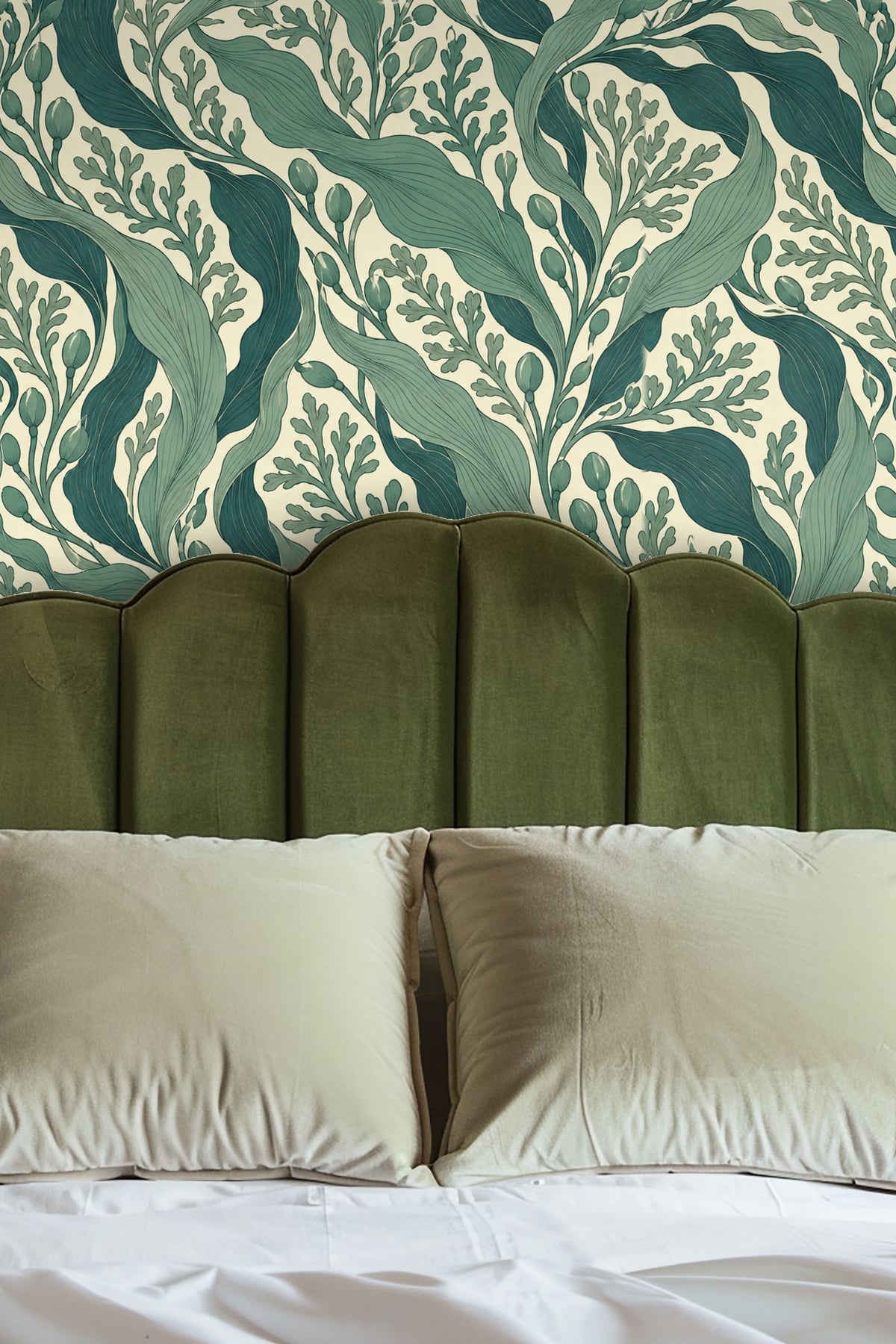 Soft and intricate wallpaper pattern of green tendrils and leaf buds.