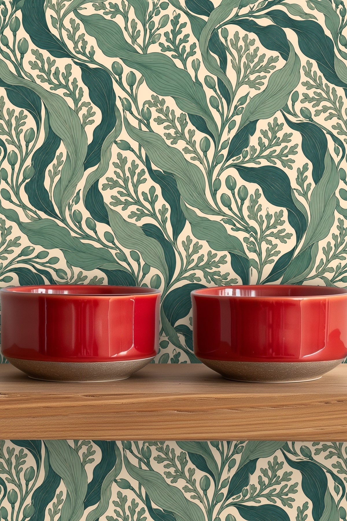 Stylish home interior showcasing wallpaper with undulating green foliage design.
