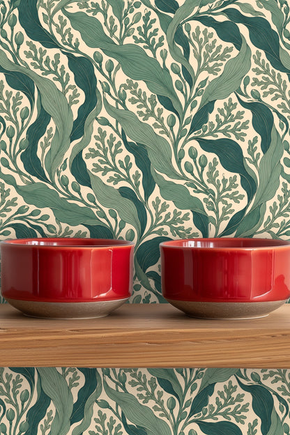 Stylish home interior showcasing wallpaper with undulating green foliage design.