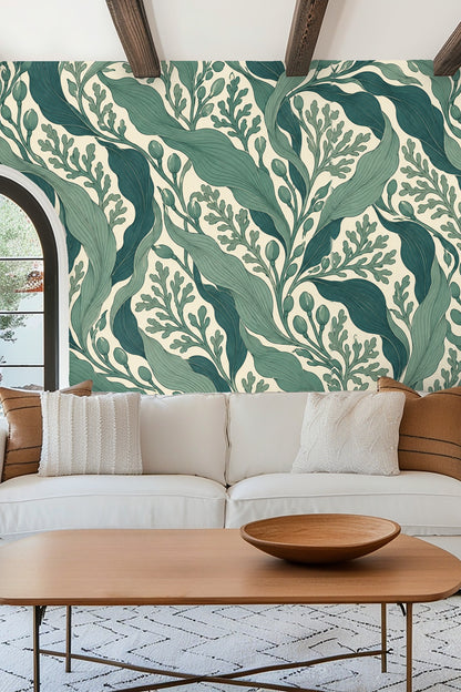 Detailed botanical wallpaper inspired by underwater plants with organic shapes.