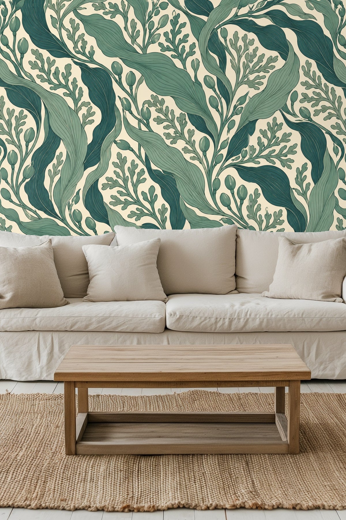 Living room entryway with sideboard and framed abstract artwork against green seaweed-inspired wallpaper.