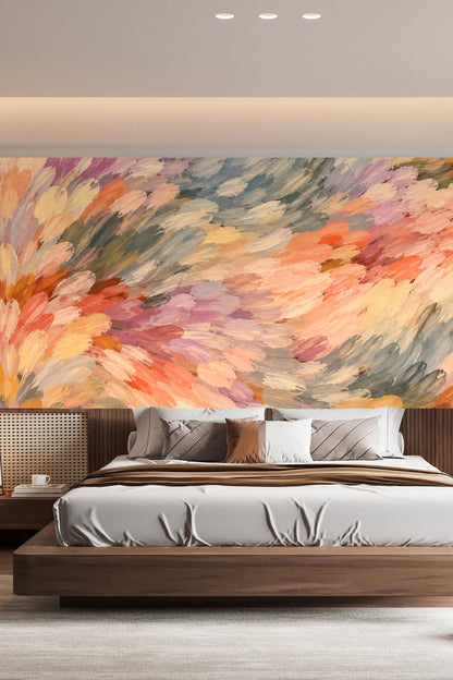 Abstract wallpaper with layered brushstroke petals in pastel shades of peach, lavender, cream, and blue.