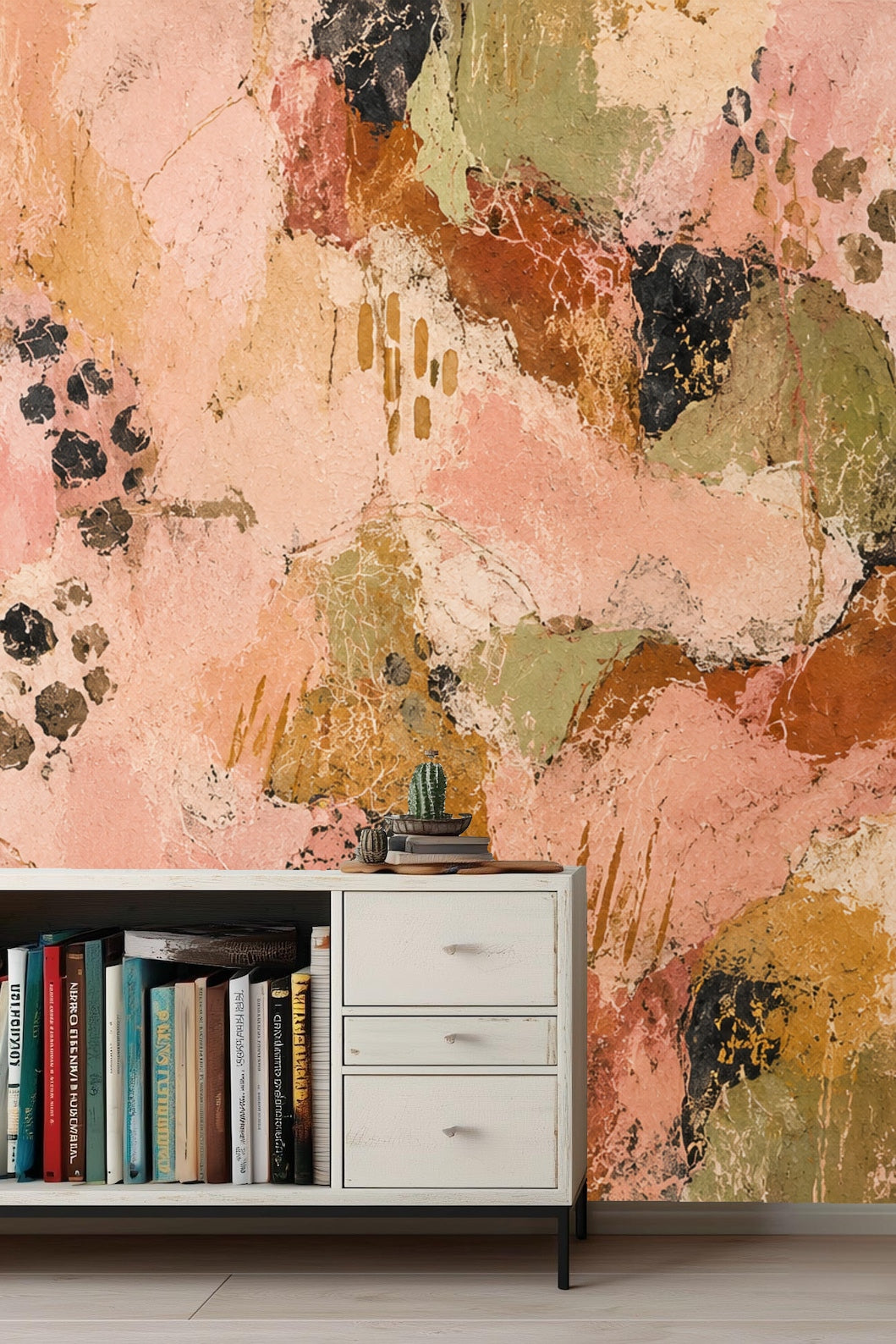 Side view of wall art wallpaper with soft blush and natural green tones