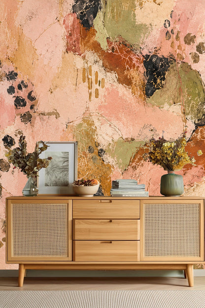 Living room setting featuring terracotta mosaic wallpaper with beige sectional sofa and gold coffee table