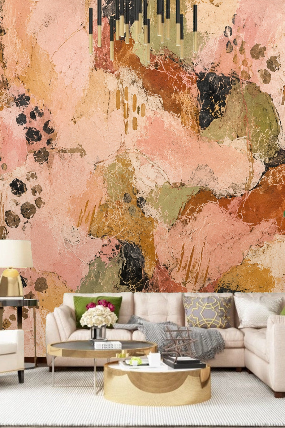 Room view showing terracotta mosaic wallpaper behind a white dresser with pink, white, and gray drawers