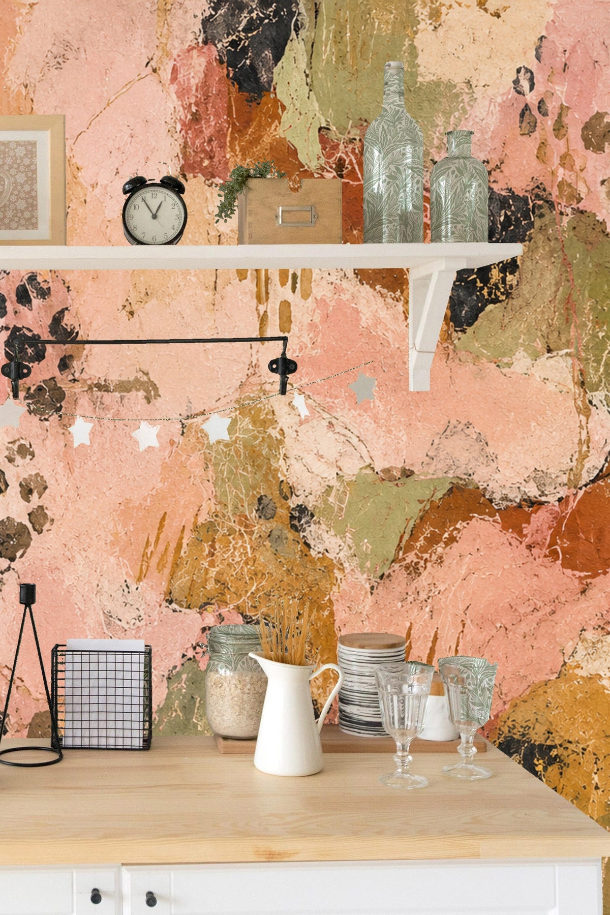 Detail image of wallpaper pattern combining abstract shapes and crackled paint effect
