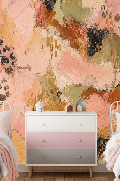 Abstract terracotta mosaic wallpaper with pink, green, and black textured patches
