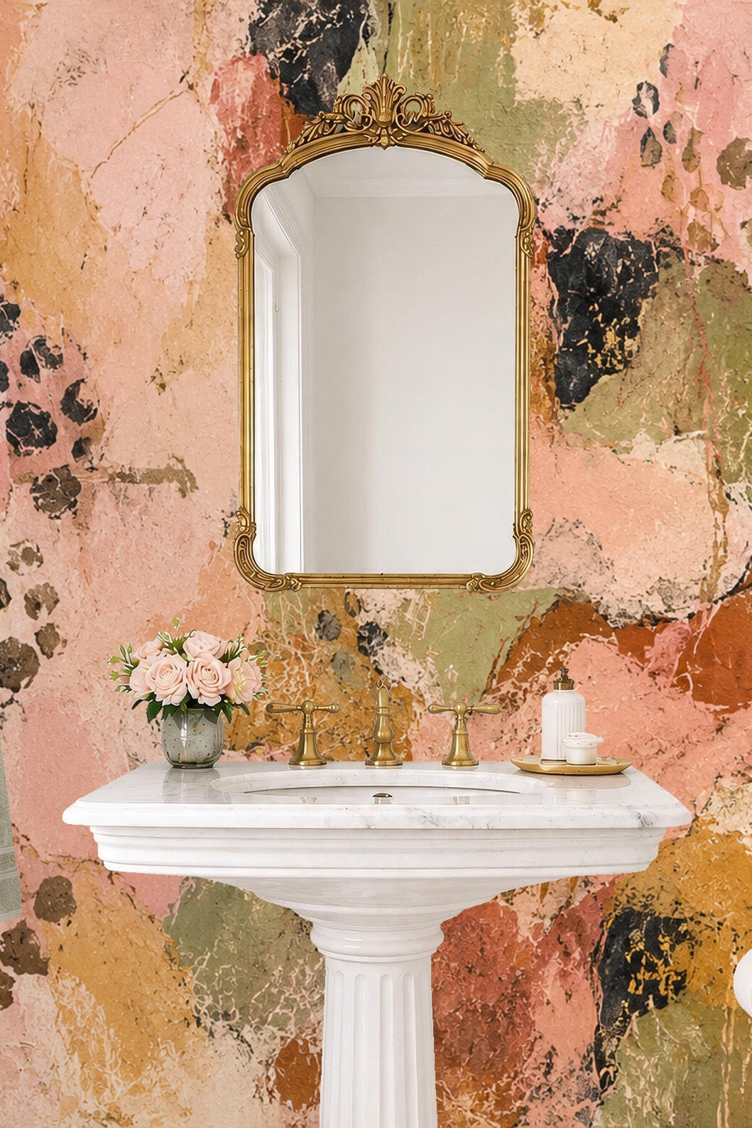 Decorative room corner with pastel-themed children's furniture and mosaic wallpaper
