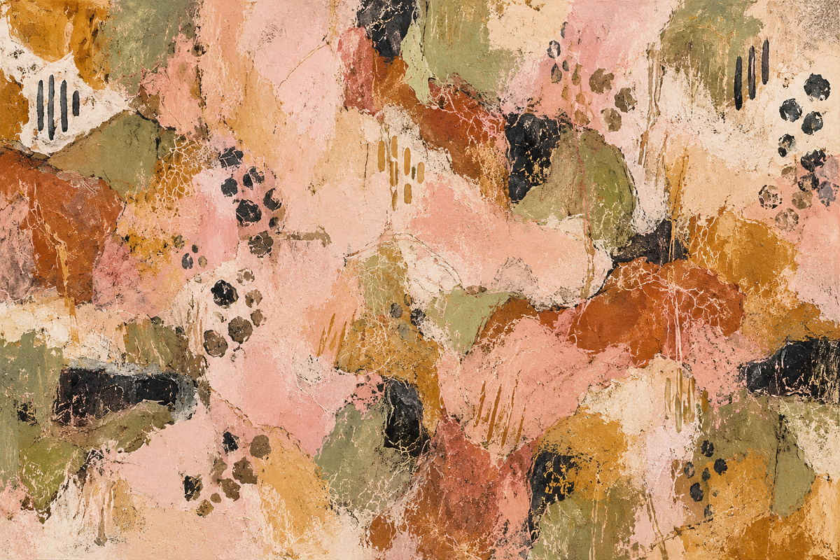 Textured mosaic wallpaper in muted pink and terracotta paired with modern furnishings