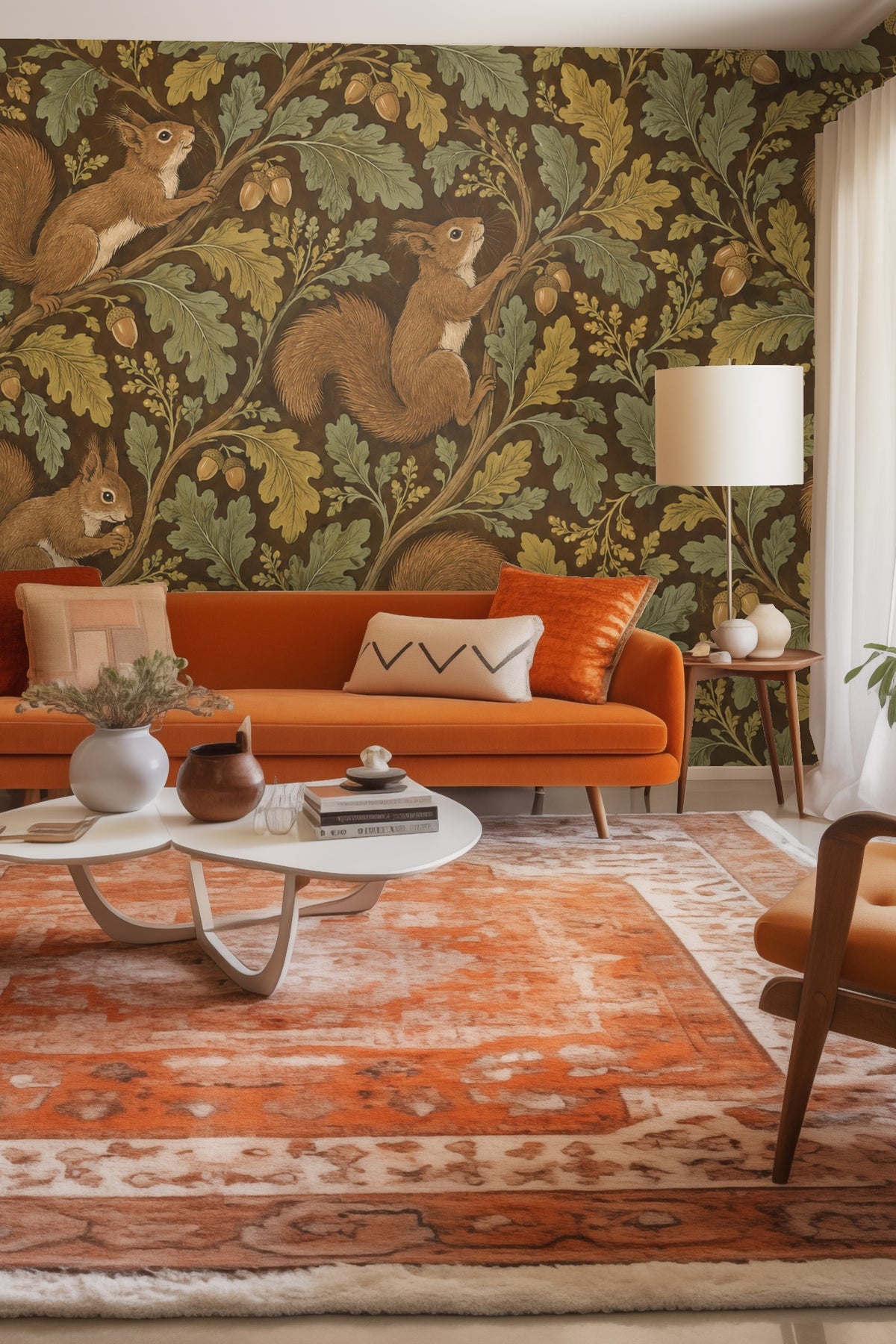 Wallpaper artwork showing squirrels on oak branches with acorns and leaves in brown and green palette