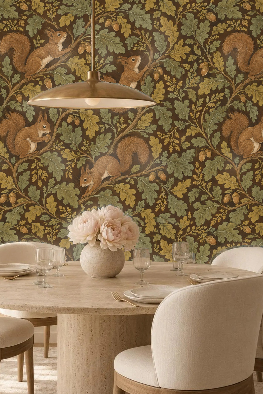 Cozy living area ambient shot with squirrel wallpaper and terracotta accents
