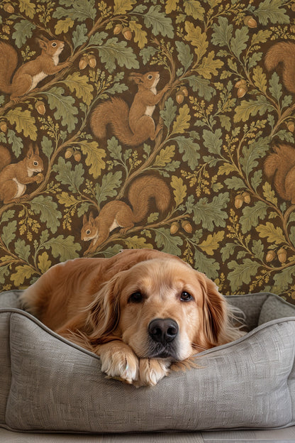 Decorative wallpaper showing detailed squirrels and foliage in earthy tones
