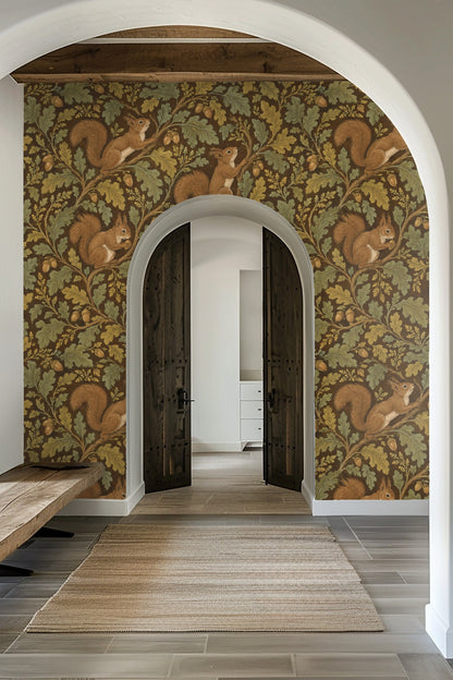 Close-up of wallpaper pattern displaying squirrels climbing oak branches and acorns