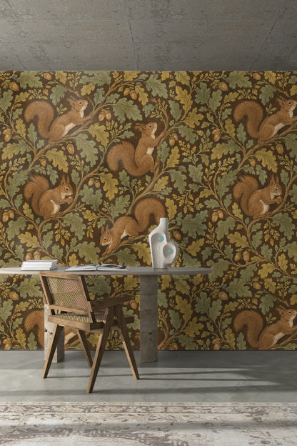 Art wallpaper featuring detailed fur on squirrels and textured oak leaves