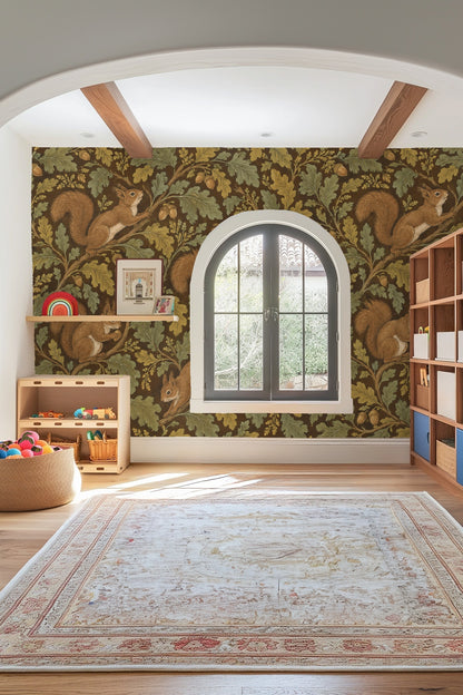 Rustic wallpaper design with lively squirrels amongst oak leaves and acorns