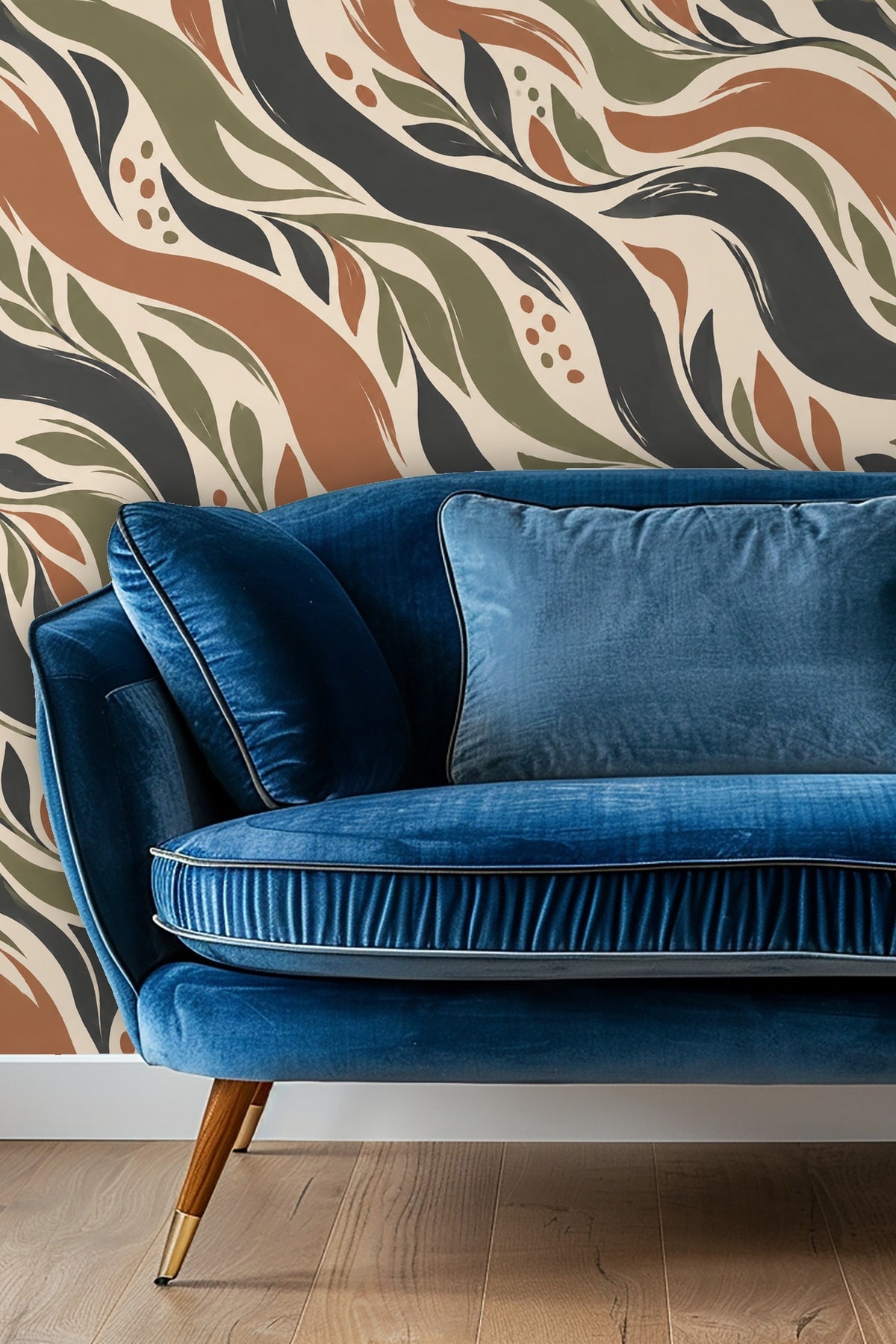Pattern repeat of wavy black and green leaves with terracotta accents on cream background