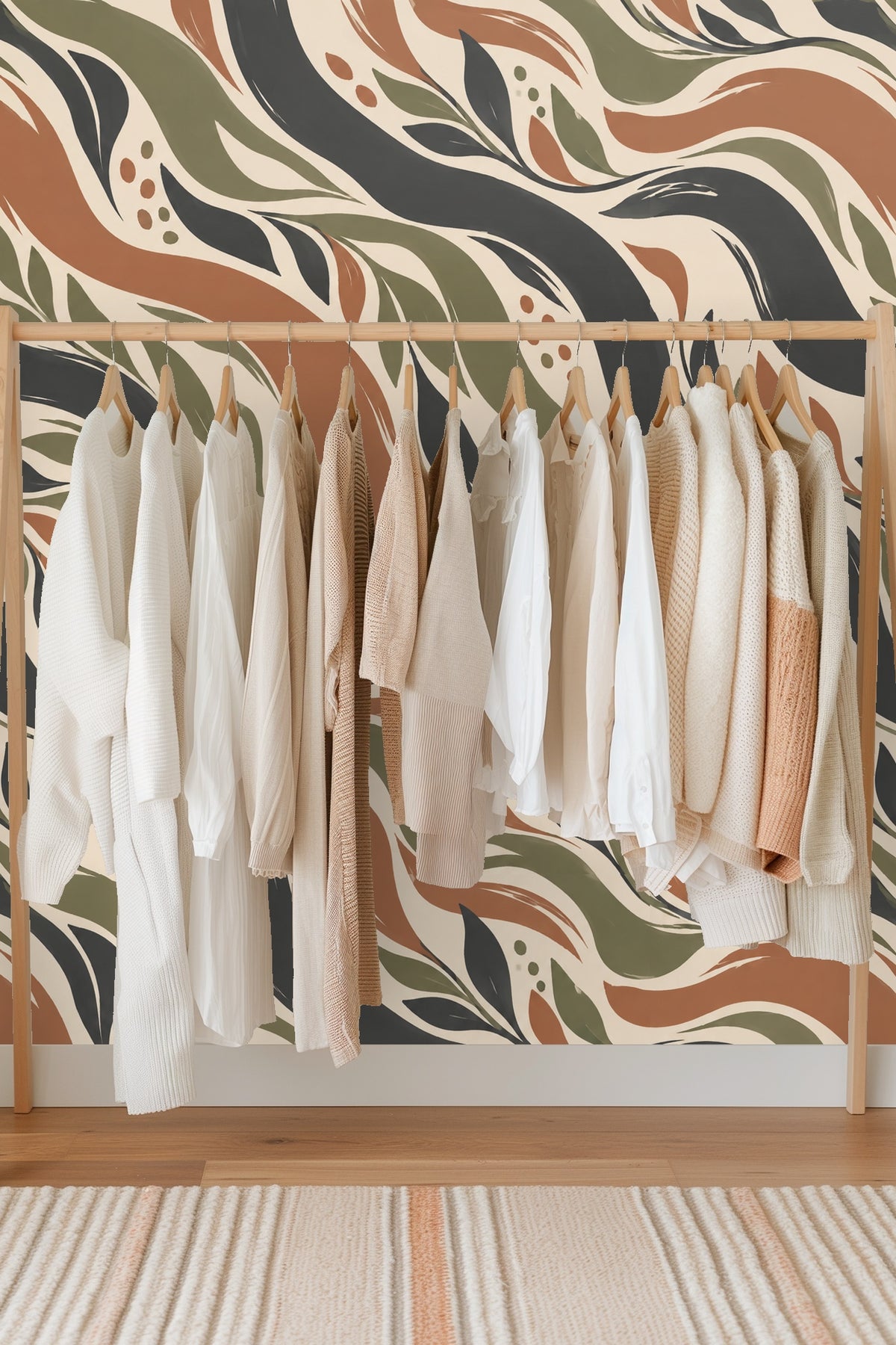 Textural brushstroke details in warm terracotta and olive on wallpaper
