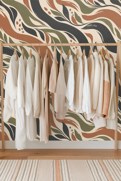 Textural brushstroke details in warm terracotta and olive on wallpaper
