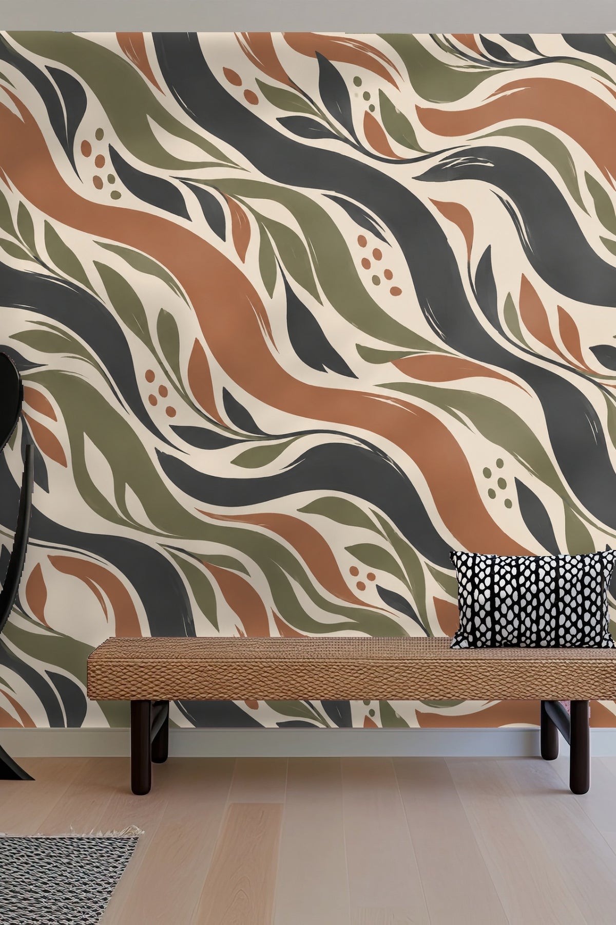 Mid-century inspired organic botanical wallpaper in earth tones with hand-painted look