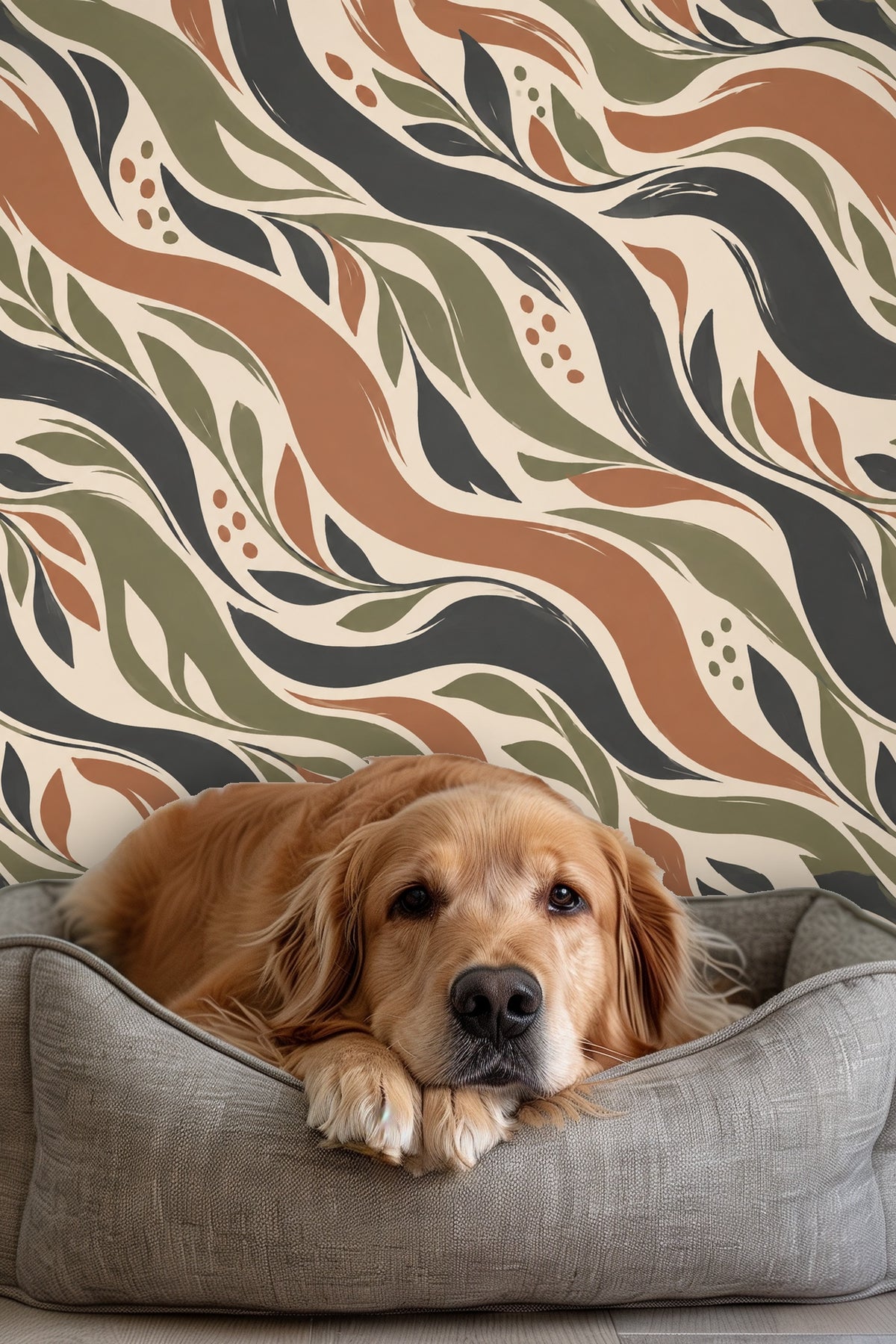 Close-up detail of botanical leaf and berry pattern in terracotta and green on wallpaper