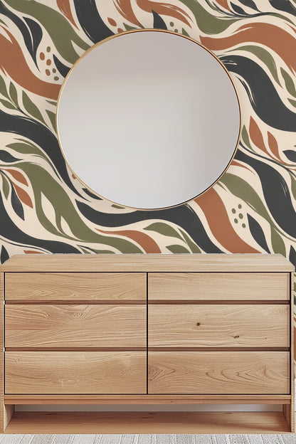 Patterned wallpaper with overlapping leaves and berries in muted fall colors