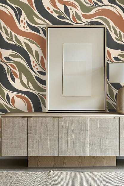 Bathroom towel ring mounted on wall with botanical terracotta green wallpaper