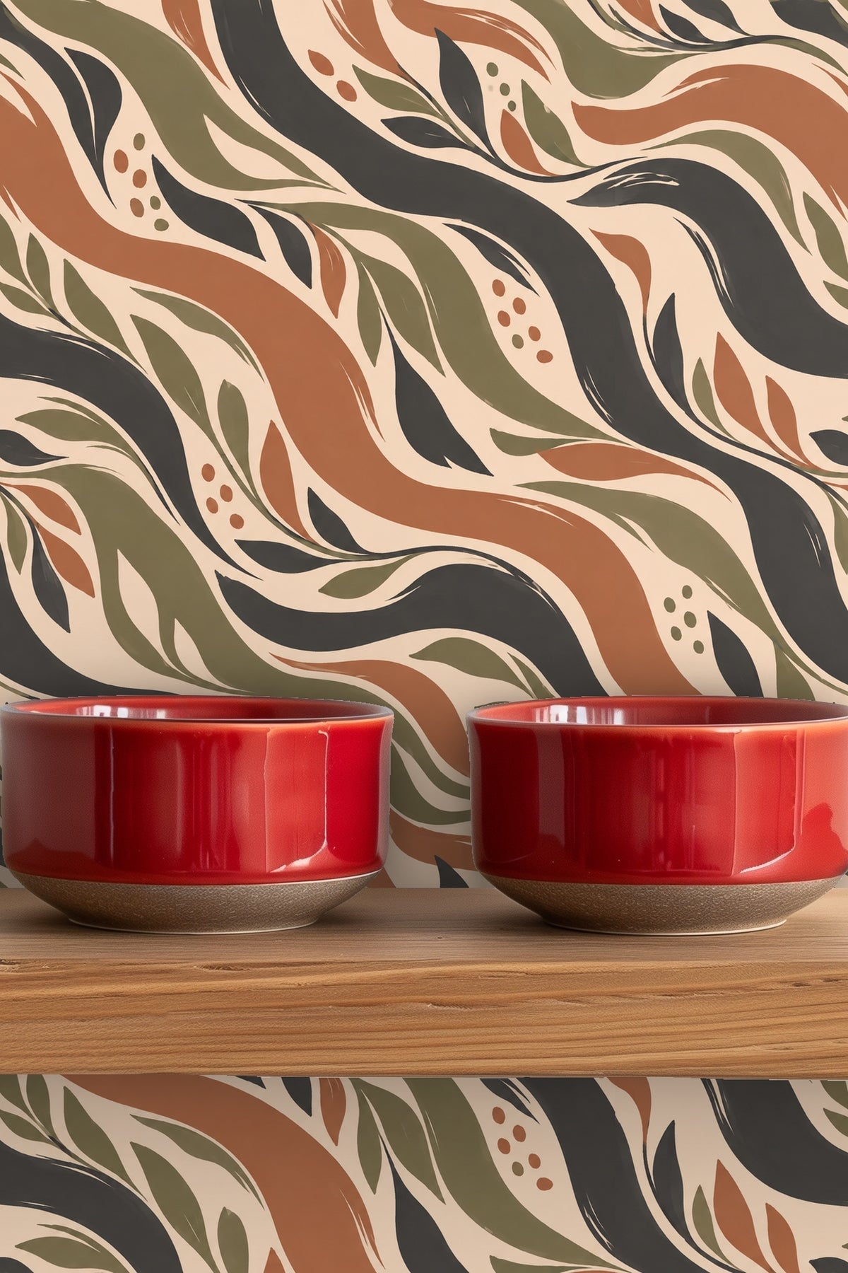 Soft natural light highlights shadowed green and brown leaf motifs on wallpaper