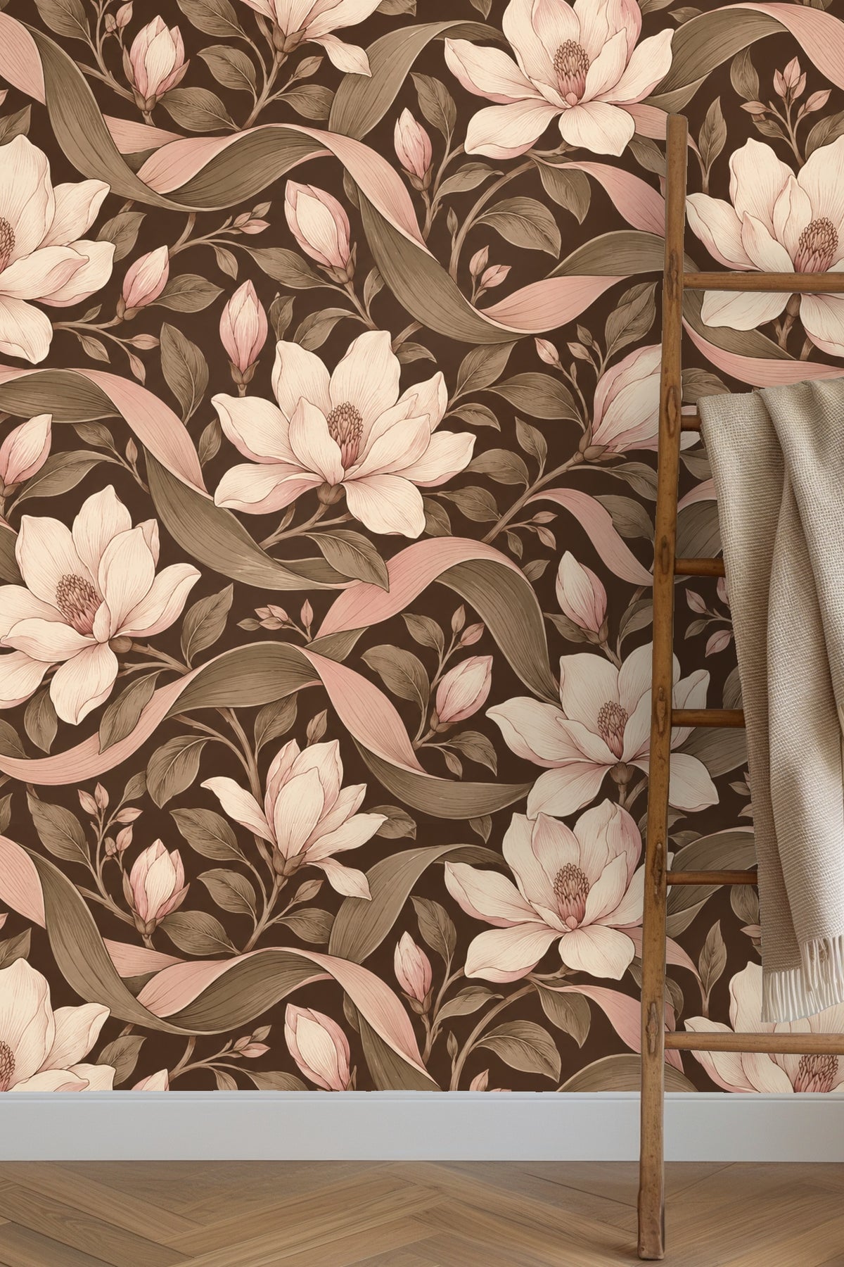 Detailed close-up of blush pink magnolia flowers and olive leaves on deep brown wallpaper background