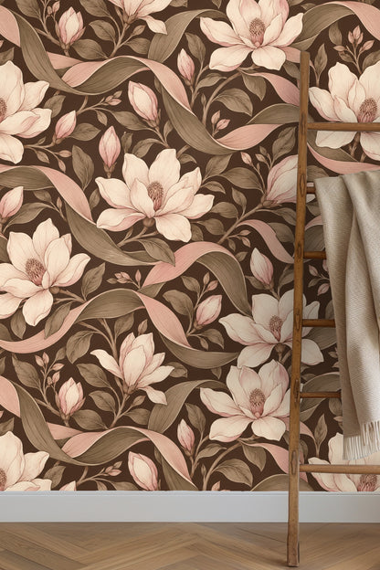 Detailed close-up of blush pink magnolia flowers and olive leaves on deep brown wallpaper background