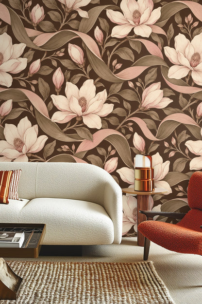 Soft pink petals and olive leaves curling in a repetitive botanical pattern