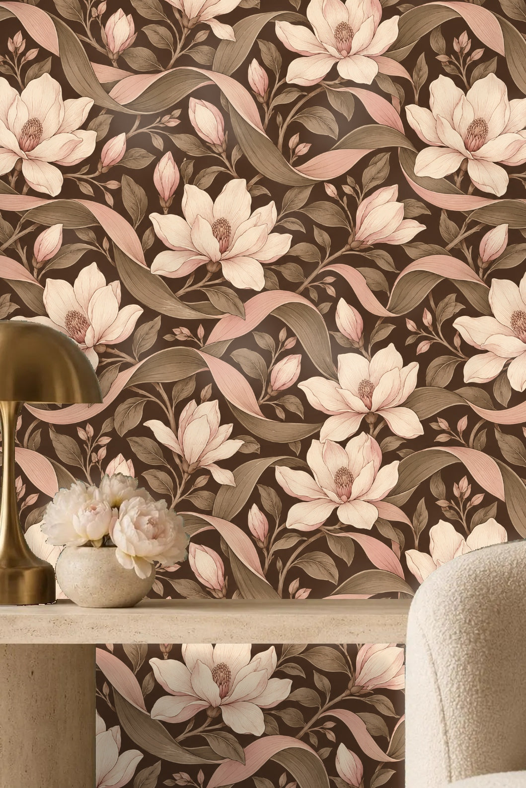 Wallpaper detail capturing the hand-drawn quality of magnolia blossoms and foliage
