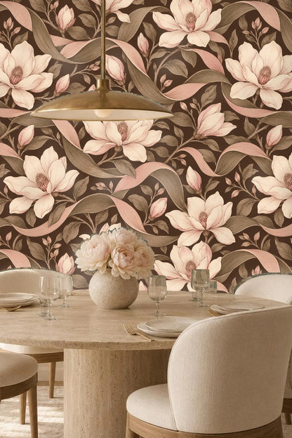 Interior wall featuring blush magnolia scroll wallpaper with wooden ladder and beige throw blanket