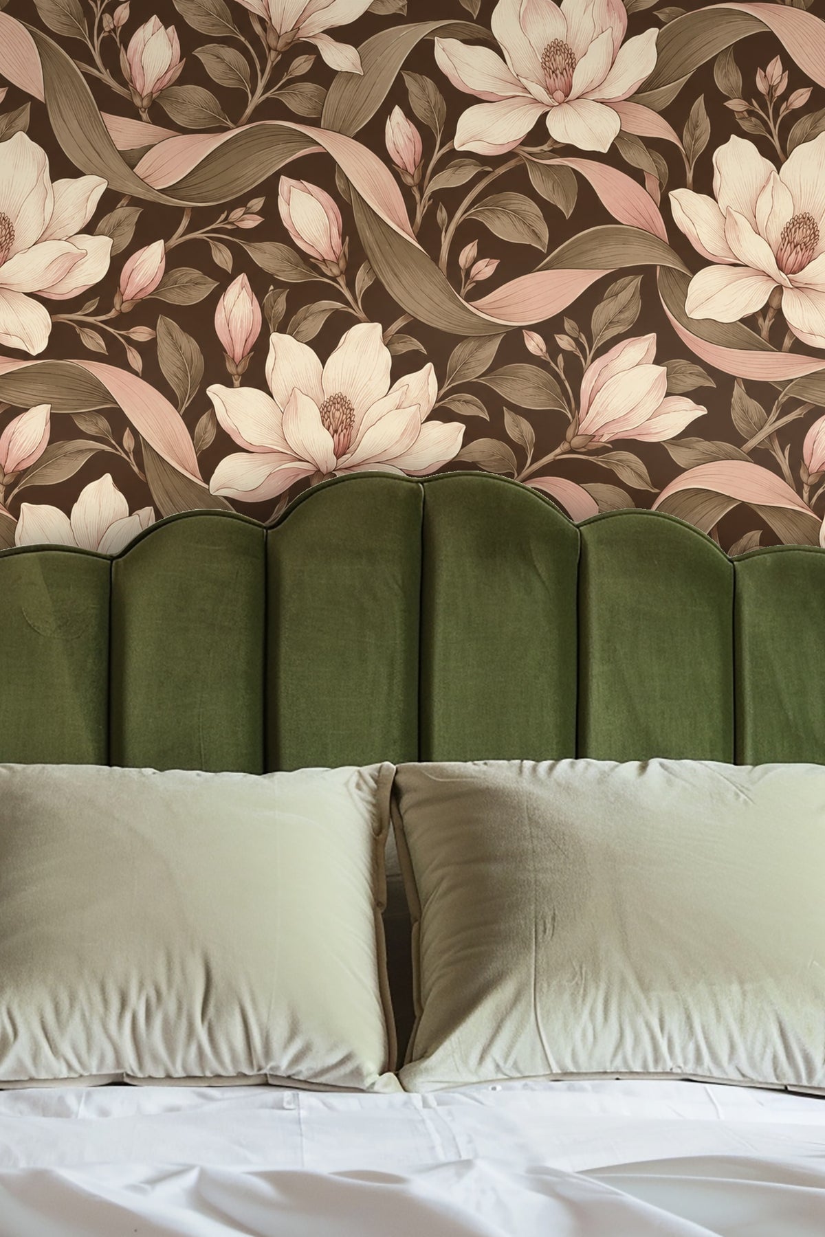 Partial view of wallpaper pattern showing intertwined magnolia flowers and flowing leaves