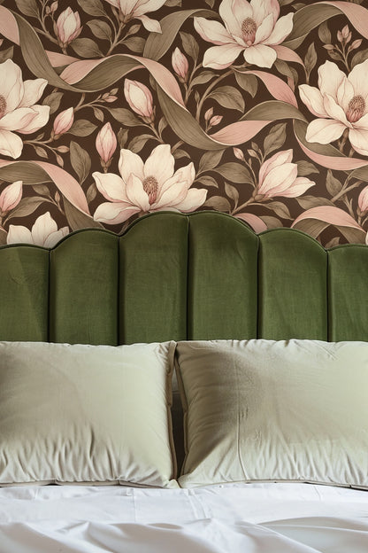 Partial view of wallpaper pattern showing intertwined magnolia flowers and flowing leaves