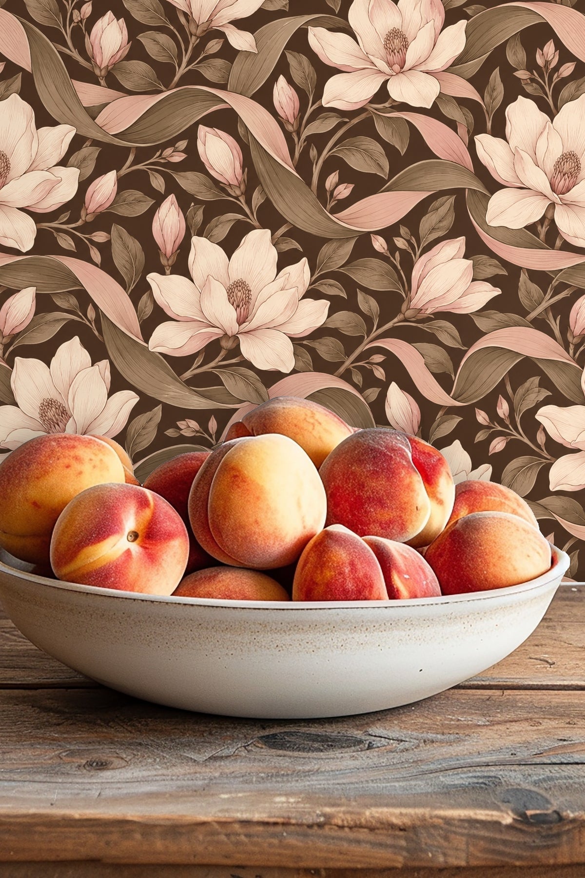 Full wall shot displaying the scale and flow of blush magnolia scroll design