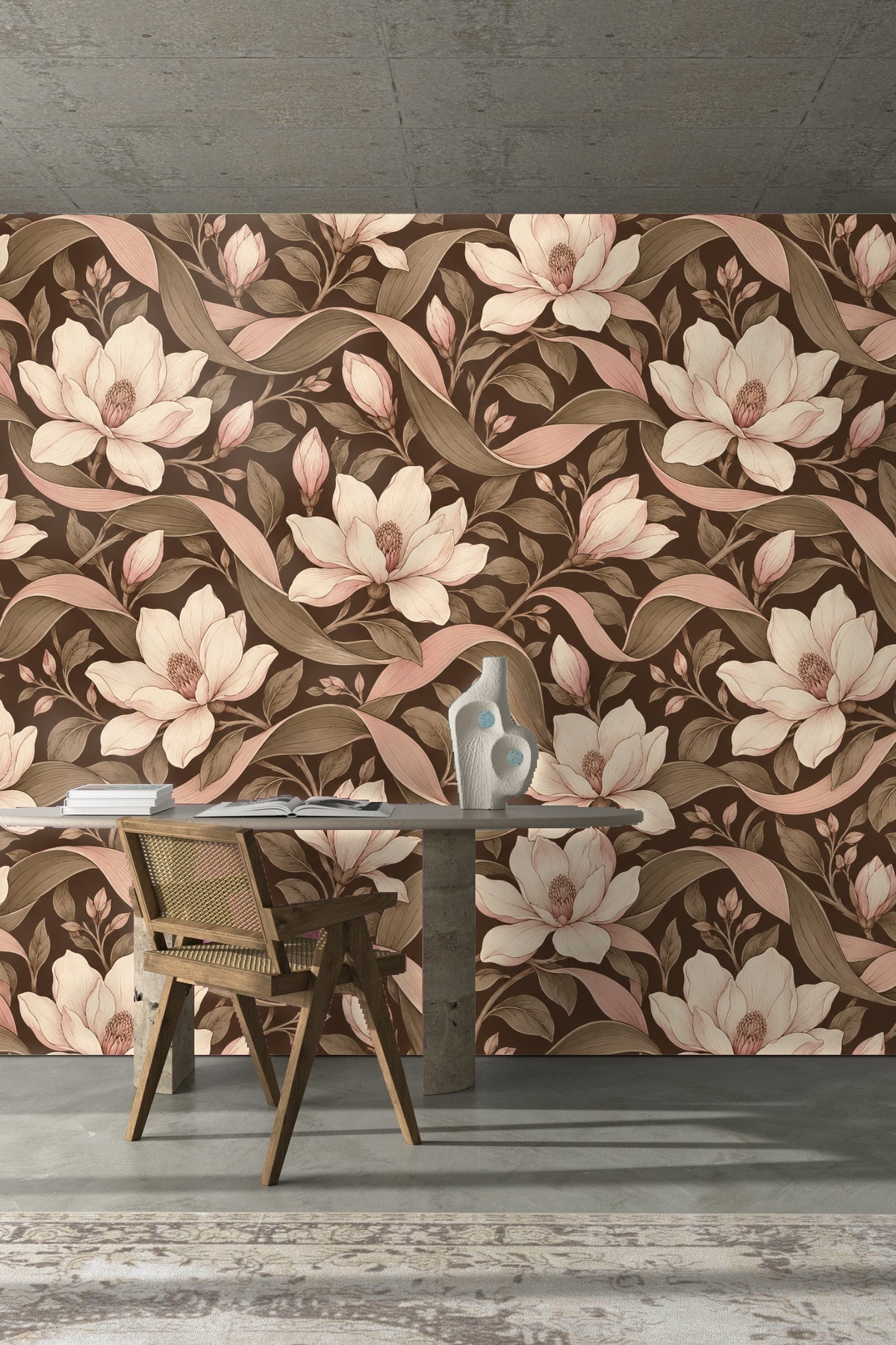 Magnolia floral wallpaper illustrating vintage-inspired art style and color palette