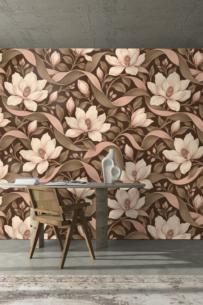 Magnolia floral wallpaper illustrating vintage-inspired art style and color palette