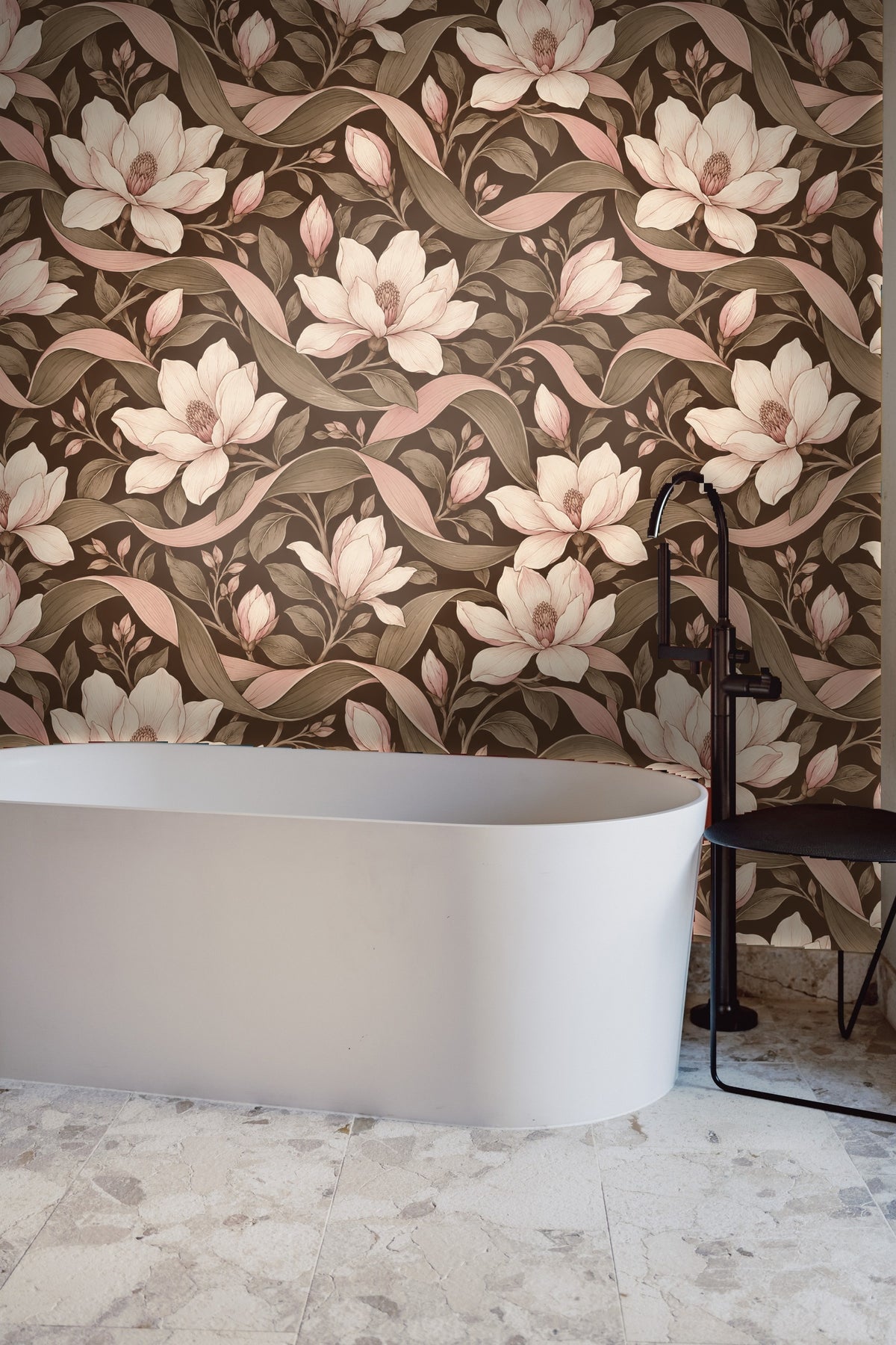Muted botanical wallpaper used as an accent wall complementing neutral furnishings