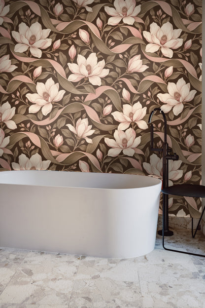 Muted botanical wallpaper used as an accent wall complementing neutral furnishings