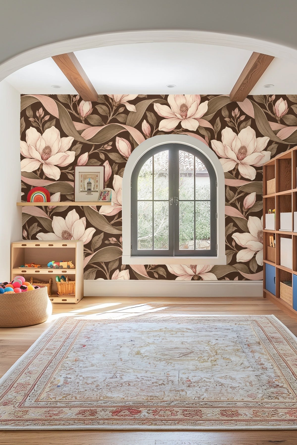 Dining area with wallpaper backdrop emphasizing warm brown and dusty pink hues