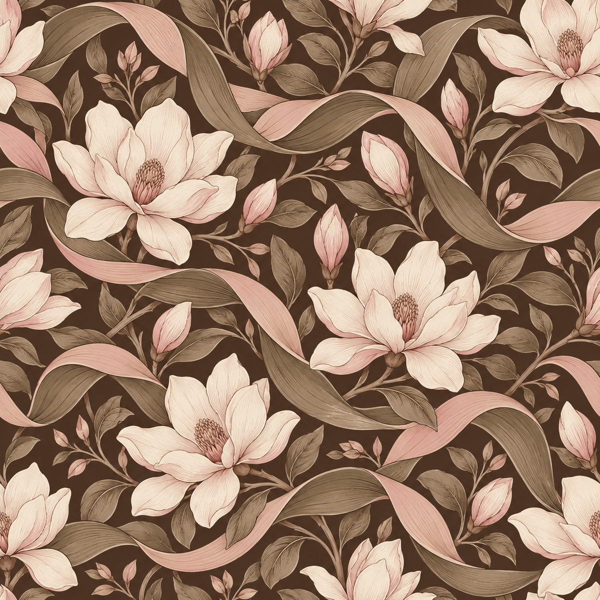Elegant wallpaper showcasing interplay of blush petals and olive scroll leaves