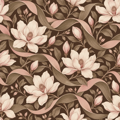 Elegant wallpaper showcasing interplay of blush petals and olive scroll leaves