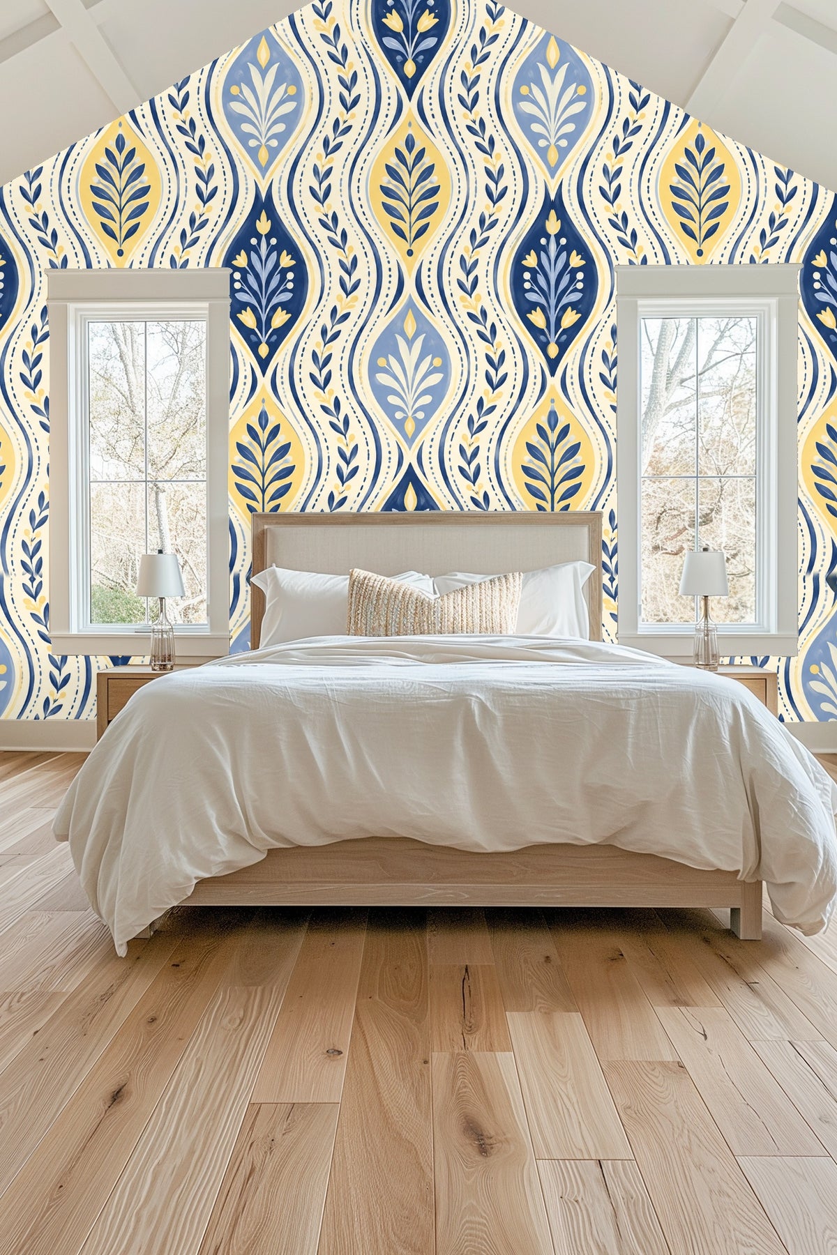 Side view of vertical wave stripe wallpaper showing repetition of botanical motifs