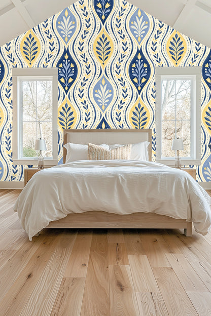 Side view of vertical wave stripe wallpaper showing repetition of botanical motifs
